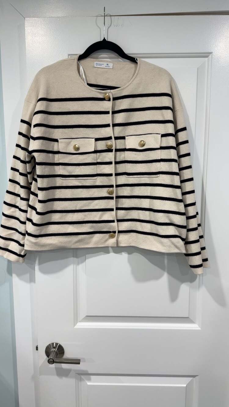 Primark Cares Black and Cream Striped Knit Cardigan with Gold Buttons XL
